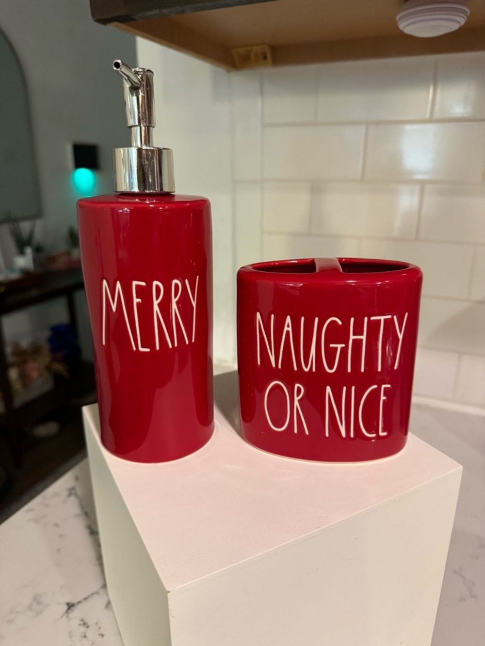 Rae Dunn Red Merry & Naughty or Nice Ceramic Bath Set